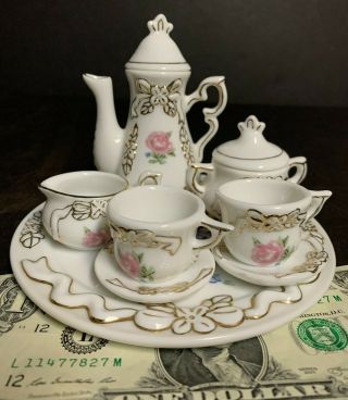 10 Pc Doll Child Miniature Porcelain Cabaret Tea Set Pink Gold Floral