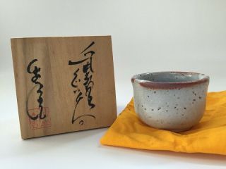 Japanese Pottery Sake Cup Guinomi Vintage Shino Ware Wooden Box Liquor U123