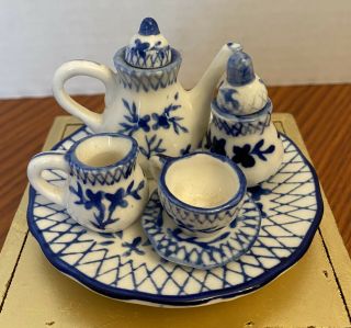 Vintage Miniature Porcelain Doll Tea Coffee Set Blue And White Made In China
