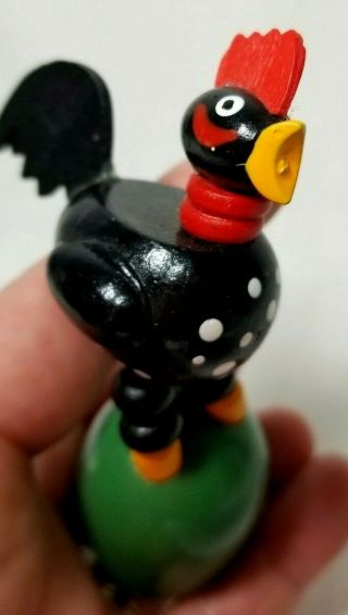 Vintage Chicken Black Rooster Wooden Push Button Action Puppet Collapsing Toy
