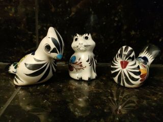 Set Of 3 Vintage Mexican Tonala Ceramic Pottery Folk Art Handpainted Birds Cat