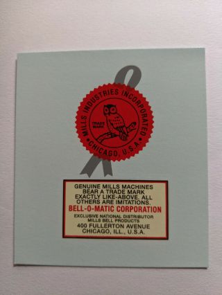 Bell - O - Matic,  Mills Novelty Co Logo,  Water Slide Decal Ds 1074