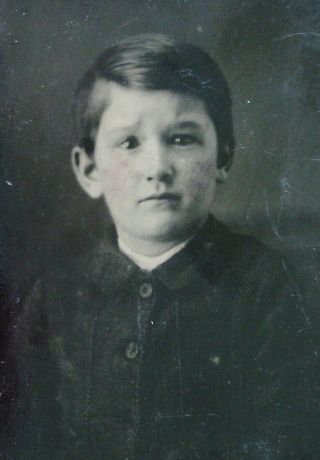 Antique Tintype Photo Portrait Of Little Boy Looking A Bit Vulnerable