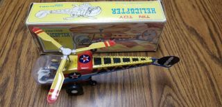 Vintage Style Tin Litho Friction Collectible Toy Helicopter 10 " Long W/box
