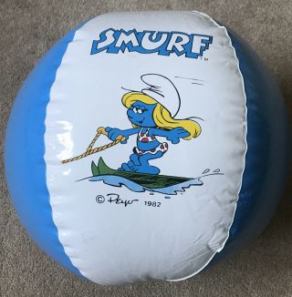 Vintage 1982 Smurf 20 " Beach Ball Pool Toy Blue White Surfboard Smurfette Skiing