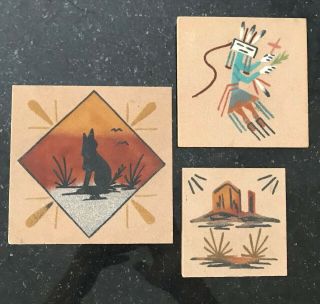 Vintage Signed Native American Navajo Hand Painted Sand Art Set Of 3