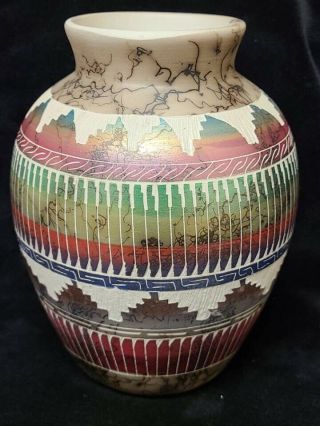 Native American Navajo Horse Hair Painted Ginger Jar Pottery Vase - Signed