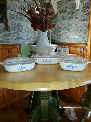 Vintage 6 Piece Corning Ware Blue Cornflower Casserole Set W/glass Lids
