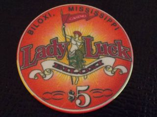 Lady Luck Casino $5 Hotel Casino Gaming Poker Chip Biloxi,  Ms