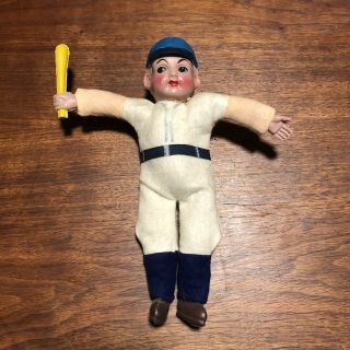 Vintage Celluloid Straw Stuffed 7 - 1/2 " Baseball Player Doll Holding Bat