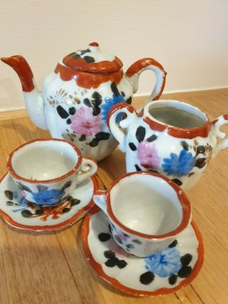 Vintage Retro Child Porcelain Tea Set Hand Painted.  Cups Saucers.  Teapot.  Sugar