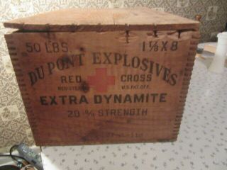 Vintage Dupont Explosives Extra Dynamite Wood Crate - Red Cross 50 Lbs With Lid