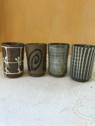 4 Japanese Tea Cups From Japan Or Guam Hand Made @3 " Tall Marked Unusual Clay