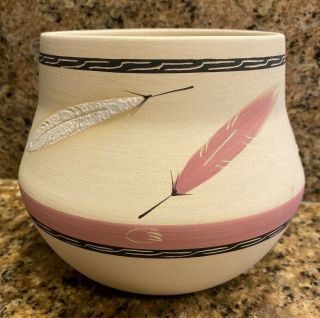 Rose Feather Desert Pueblo Pottery Stoneware Hand Painted Signed Vase Pot Jar