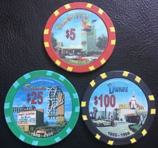 Sands Dunes Thunderbird Las Vegas Commemorative Casino Chip Set Of 3 $5 $25 $100 2