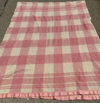 Vintage Wool Plaid Blanket Soft Pink Cream Twin Size Bed Cottage Cabin 55”x 142”