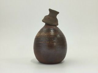 Japanese Pottery Sake Bottle Tokkuri Vintage Signed Mino Ware Liquor Brown V383