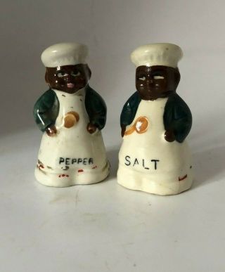 Antique Porcelain Black Americana Chefs Salt Pepper Shakers 3 " Tall Old Set