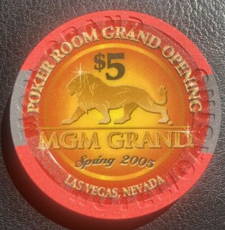 Mgm Grand,  Las Vegas Nv,  $5 Poker Room Grand Opening Chip 2005 Uncirculated