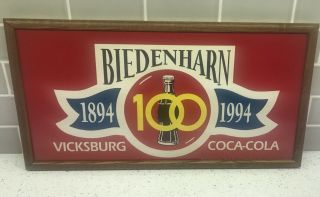 Vintage 1994 Coca - Cola Biedenharn Vicksburg 100 Years Sign Soda Framed.  25” X 13