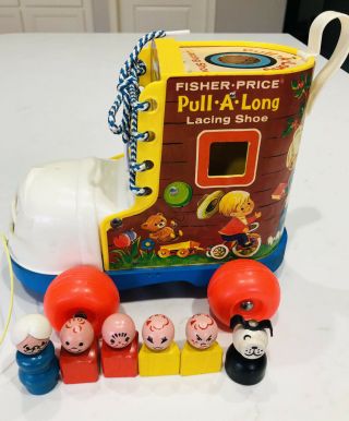 Vintage 1970 Fisher Price Pull - A - Long Lacing Shoe Toy W/ 6 Figures