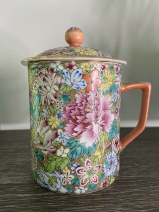 Vintage Chinese Floral Cloisonne Coffee Tea Mug W Lid Porcelain China Gorgeous