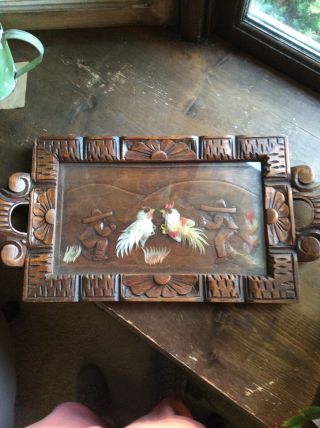 Vintage Mexican Carved Folk Art Wood Tray W/ Handles W/ Cock Fight Feather Art