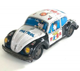 Vintage Vw Tin Litho Toy Friction Police Car - Kashiwai Japan Volkswagen Beetle