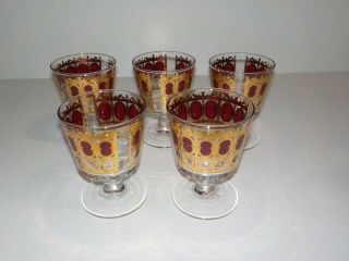 5 Vintage Culver 22kt Gold Cranberry Red Footed Glasses Mid Century Modern Mcm
