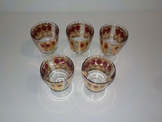 5 VINTAGE CULVER 22kt GOLD CRANBERRY RED FOOTED GLASSES MID CENTURY MODERN MCM 2