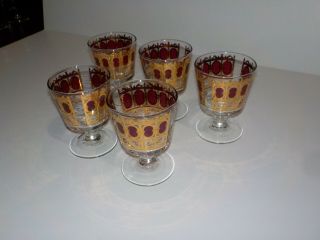 5 VINTAGE CULVER 22kt GOLD CRANBERRY RED FOOTED GLASSES MID CENTURY MODERN MCM 3