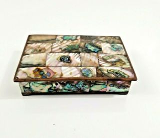 Vintage Abalone Shell Inlay Brass Hinged Trinket Jewelry Box Wood Lined Mexico