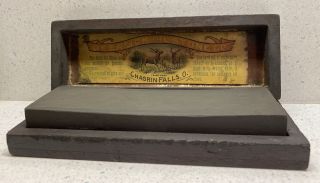 Fine Antique Deerlick Oil Sharpening Stone In Wood Box For Hunting Knife.