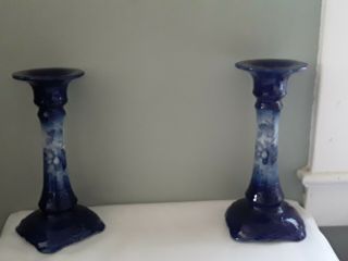 2 Vintage Staffordshire Blue,  White Large,  Candle Holders,  Flow Blue Style 10inch