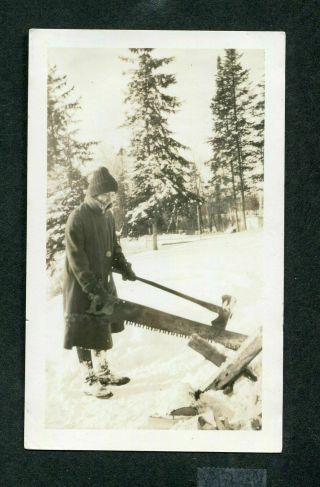 Unusual Vintage Photo Woman W/ Big Axe & Saw In Winter Snow 390018