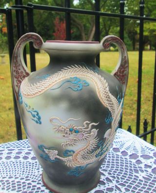 Vtg Antique Nippon Japanese Moriage Dragonware Double Handled Vase 9 1/2 " Japan