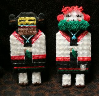A Group Of Two (2) Cross Stitch Embroidery Hopi Style Kachina Dolls 4 " W X 9 " H