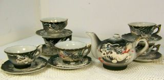 Moriage Dragonware Miniature Tea Set Teapot 6 Cups Saucers Black White