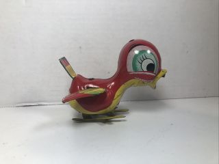 Vintage Mikuni Red & Yellow Baby Bird Wind - Up Litho Tin Toy Made In Japan