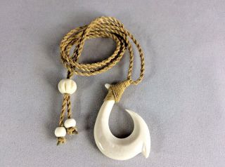 Hawaiian Fishhook Necklace Carved From Buffalo Bone Large: 2 " T.  Adjustable Cord