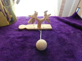 Vintage Hand Carved Wood Birds On Tree/flying String Pull Toy