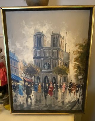 Vintage Oil On Canvas Painting Artist Signed Notre Dame Cathedral Church Paris