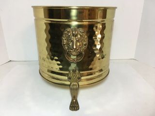 Vintage Hammered Brass Floor Planter Pot Lion Feet And Lion Head Handles 8.  25”