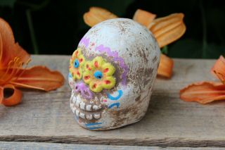 Sm Sugar Skull Clay Day Of The Dead Handmade By Rafael Pineda Mexican Folk Art