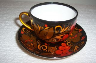 Vintage Russian Porcelain Tea Cup And Saucer Hand Painted Khokhloma Hohloma