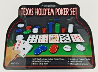 Poker Chip Set W/ Felt,  200 Poker Chips,  Rack,  2 Decks Of Cards & Dealer Button