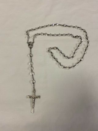 Vtg Sterling Silver Clear Faceted Crystal Beads Rosary Sterling Cross Medal