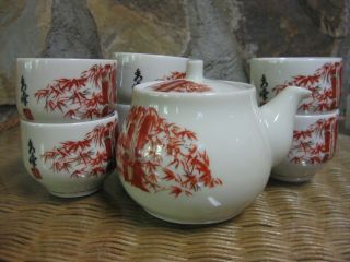Vintage Japanese Yokode No Kyusu Teapot Cups Set Iron Red Gilt Bamboo Celadon