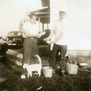 X506 Vtg Photo Men With Fishing Basket Catch,  Kitty Cat Interloper C 1946