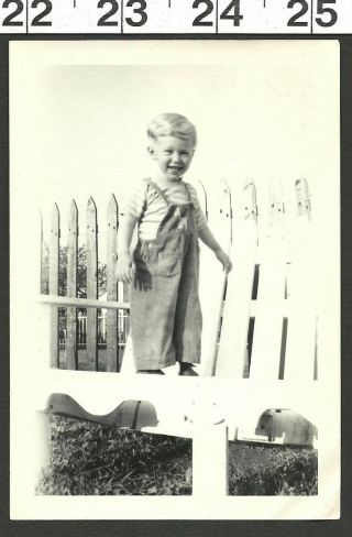 Vintage B & W Photo Of Handsome Young Boy In Overalls On Bench 2253